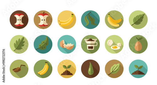 Organic waste icons: compost, recycling, gardening, food scraps, and plants