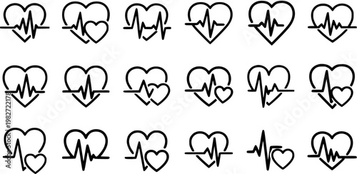 Medical Heartbeat  ECG Line Art Icons Set. Healthcare Pulse  Cardiogram Outline Symbols Collection for Cardiology, Health, and Wellness Design.