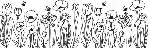 Coloring page of flowers and bees for botany