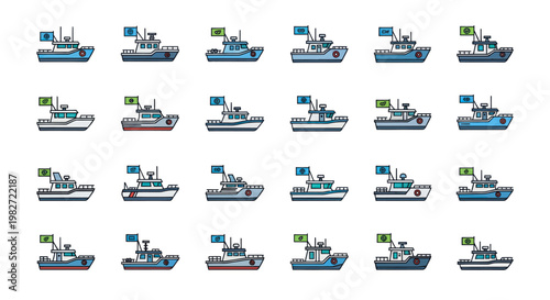Pixel Art Fishing Boats Collection, Various Designs, White Background