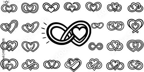 Set of Interlocking Heart Icons - Love, Infinity, Wedding, Romantic Symbol Vector Art