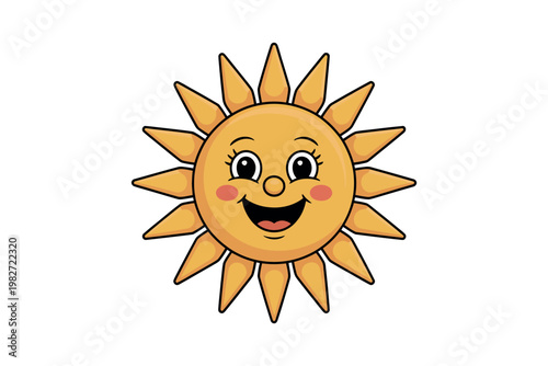 A cheerful cartoon sun with a smiling face and rosy cheeks