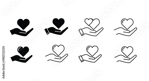 Vector graphic collection showing various hand icons holding hearts for charitable or romantic design project themes