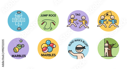 Children's Outdoor Games Icons: Hopscotch, Jump Rope, Tag, Marbles, Blind Man's Bluff