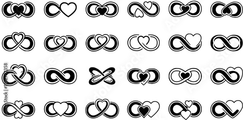 Black  White Line Art Infinity Hearts Symbol Glyph Set for Love, Relationship, Wedding  Eternity Concepts
