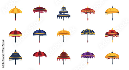 Collection of ornate traditional Asian umbrellas, vibrant colors, decorative, festive, isolated on white
