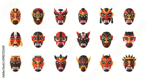 Collection of Traditional Japanese Kabuki Masks, Vibrant Colors, White Background