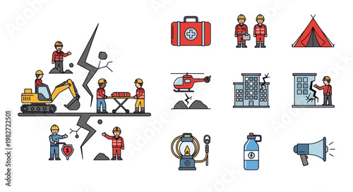 Disaster Relief Icons: Rescue, Emergency, Medical Aid, Construction, Tent, Helicopter