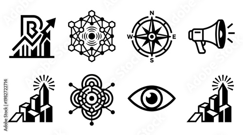 Set of Eight Modern Vision and Communication Icons for Creative Projects