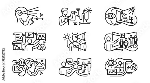 Set of Unique Line Art Icons Depicting Eye Testing and Vision Care in Modern Style