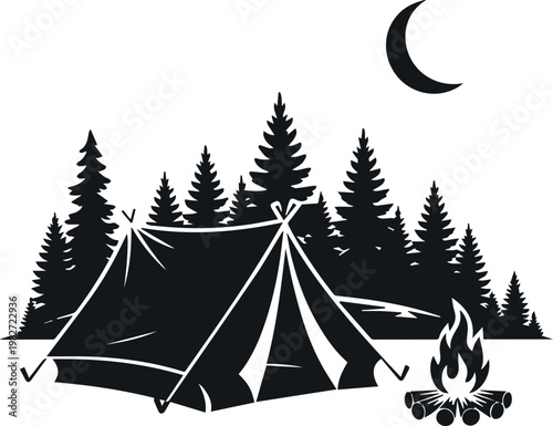 Tent and campfire under crescent moon