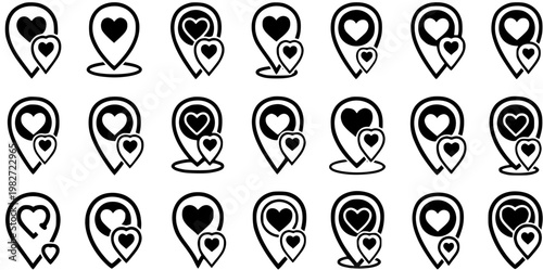 Black and White Heart Location Pin Icons Set, Love Symbol Map Marker, Valentine Vector Art