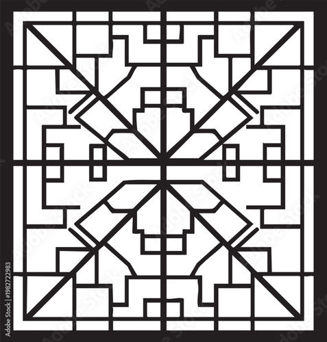 Geometric black and white pattern resembling a stylized window frame design