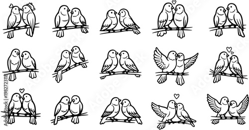 Black and White Line Art Illustration of Love Birds on a Branch, Romantic Couple Symbol