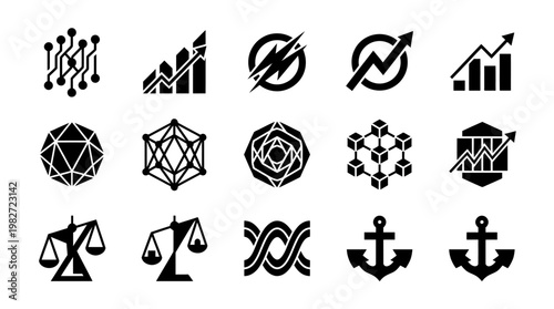 Vector Icon Set Featuring Business and Financial Symbols in Monochrome Style