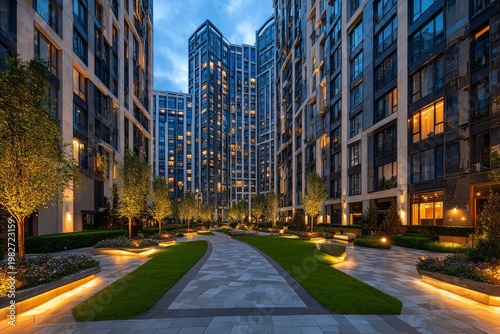 Panoramic view of gated residential community with landscaped promenade, building facades with architectural lighting, blue hour with warm window lights. AI generative