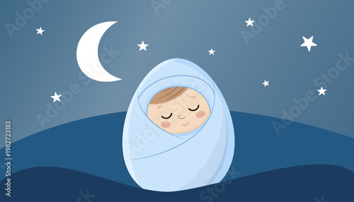 Sleeping baby wrapped in blanket under moonlit night sky scene. newborn sleeping