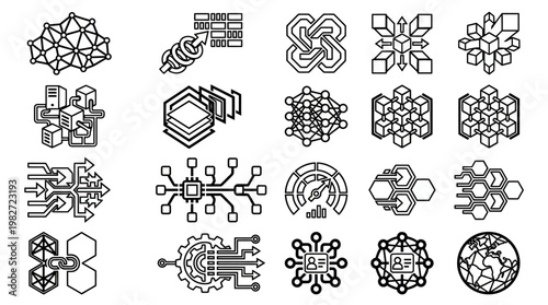 Vector Icon Set of Technology and Network Symbols for Digital and Data Concepts