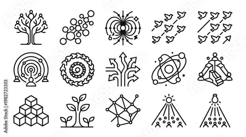 Icons Vector Set Featuring Abstract Technology and Scientific Symbols for Digital Design
