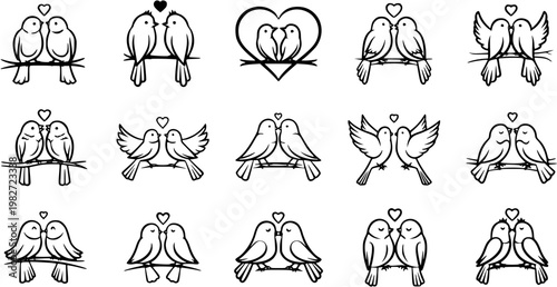 Black and White Line Art Love Birds Glyphs Collection. Romantic Couple Birds Illustrations for Wedding, Valentine's Day, and Relationship Themes.