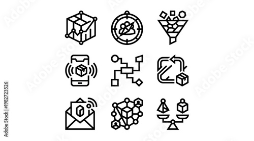 Vector Icon Set Featuring Scientific Laboratory Equipment and Molecular Structures