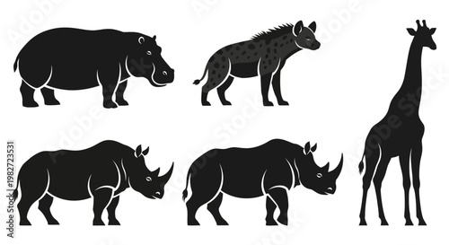 African Animals Silhouette Set: Hippo, Hyena, Giraffe, and Rhinoceros Wildlife Collection