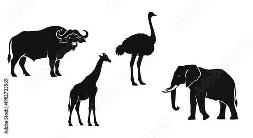 African Animals Silhouettes Collection: Elephant, Giraffe, Buffalo, Ostrich Wildlife