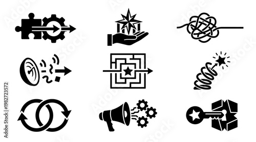 Set of Black Icons Featuring Technology, Communication, and Innovation Symbols for Digital Design