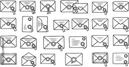 Hand-drawn Black and White Line Art Seamless Pattern of Vintage Envelopes with Wax Seals and Ribbons for Communication and Mail Design