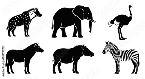 African Safari Animals Silhouettes Collection: Elephant, Zebra, Ostrich, Hyena, Warthog, Equine