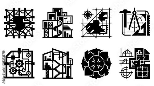 Vector Icon Set of Technical Engineering Blueprints and Architectural Floor Plans