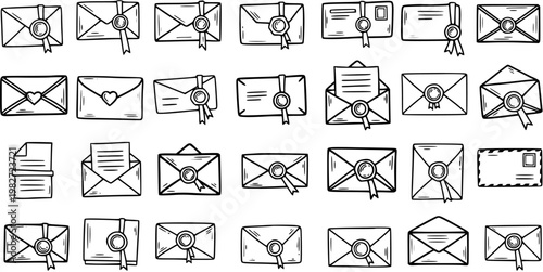 Black and White Line Art Icons of Various Envelopes and Mail, Ideal for Communication and Correspondence Themes