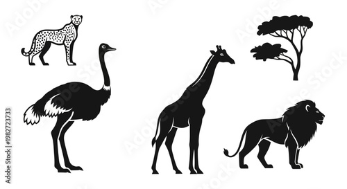 African Safari Animals Silhouettes Set: Cheetah, Ostrich, Giraffe, Lion, and Trees