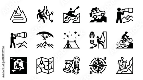 Set of Outdoor Adventure Icons in Flat Design for Camping and Hiking Enthusiasts