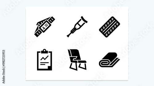 Collection of Medical Icons Including Syringe Clipboard and Chair for Healthcare and Wellness Designs