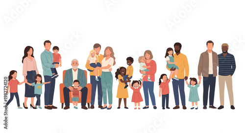 Diverse group of family members including parents children and grandparents standing together as a vector illustration
