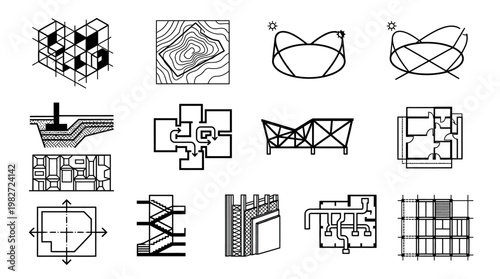 Vector Icon Set of Abstract Architectural Building Floor Plans and Structural Diagrams