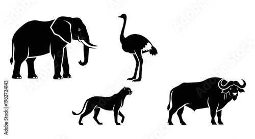 African Wildlife Silhouettes: Elephant, Ostrich, Leopard, and Buffalo
