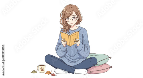 Anime style illustration of young woman reading book, cozy girl sitting cross-legged on floor with pillows, student studying with coffee and autumn leaves