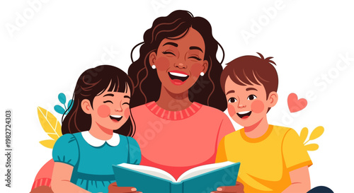 Joyful Woman Reading Book With Happy Children