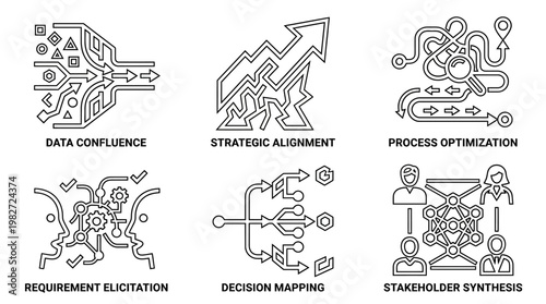 Icons Set of Data Confluence, Strategic Alignment, Process Optimization, and Decision Mapping for Business Analytics