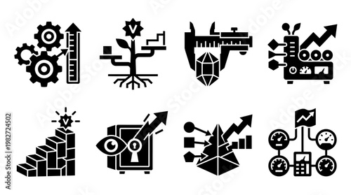 Set of Black and White Industrial Icons for Technology and Manufacturing Concepts