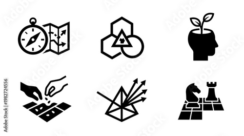 Minimalist Chess Pieces and Cloud Network Icon Set for Strategic Planning and Technology Concepts