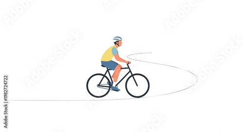 Man riding bicycle on road in casual wear and helmet minimal flat vector illustration for transportation or fitness concept
