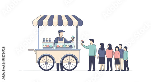 Street food vendor serving customers on a cart with striped awning in a modern flat illustration style