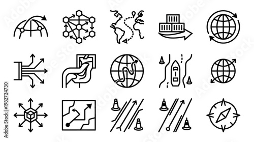 Icons Set of Globe, Network, and Technology Symbols for Digital and Global Connectivity