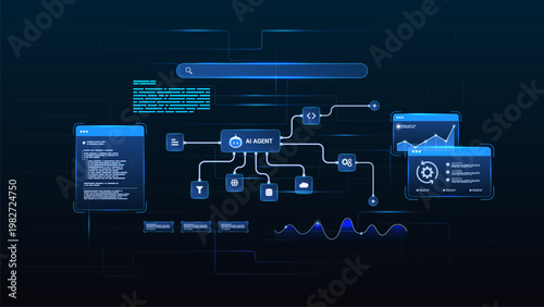 AI workflow automation artificial intelligence. ai agent network diagram with data processing system, coding, analytics and automation flow system.