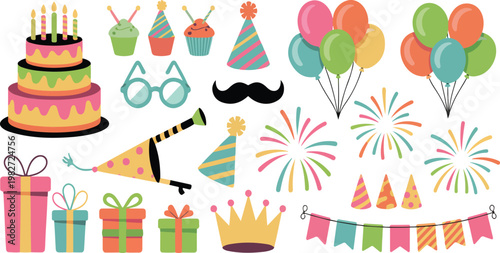 Cartoon party kit icon set with fireworks rockets, balloons, birthday gifts, carnival masks and cupcakes isolated vector illustration