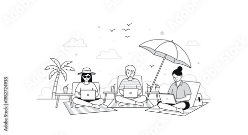Three people working on laptops at beach with palm tree and umbrella