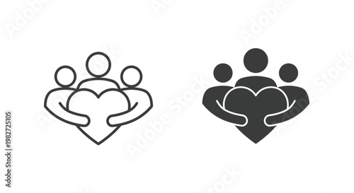 Minimalist vector graphic illustration of three people embracing a heart, depicting community support and care.